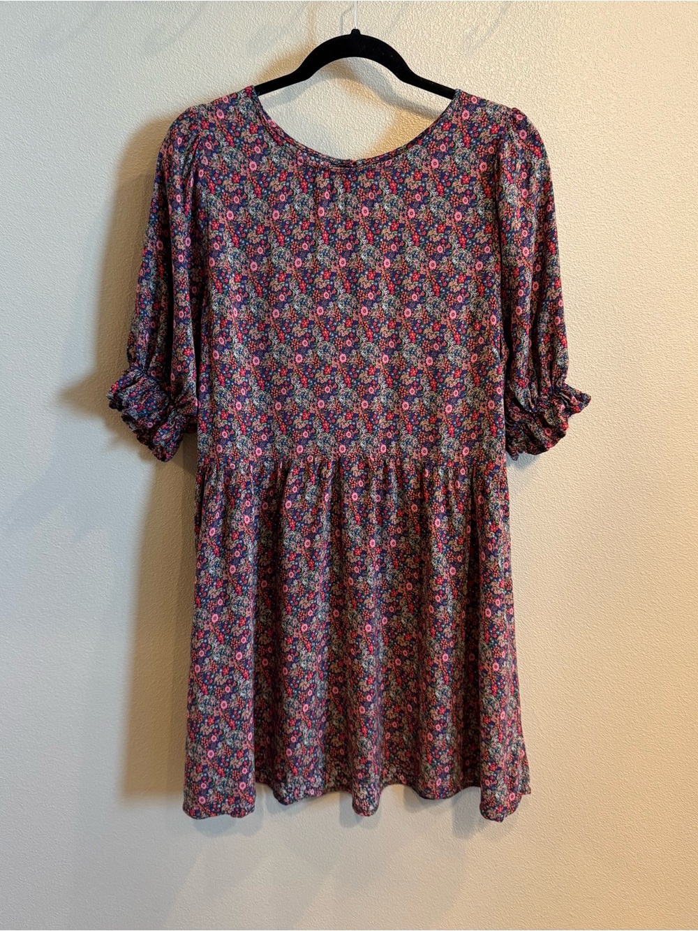 NATURAL LIFE Navy Floral Print Babydoll Dress with Pink & Red Blooms